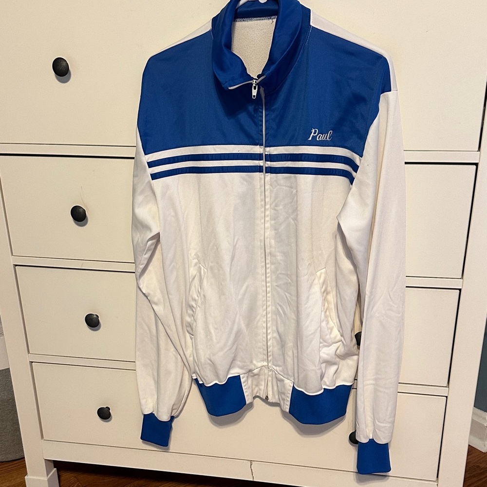 Vintage Blue and White Track Jacket with Paul stitched on the front one of one